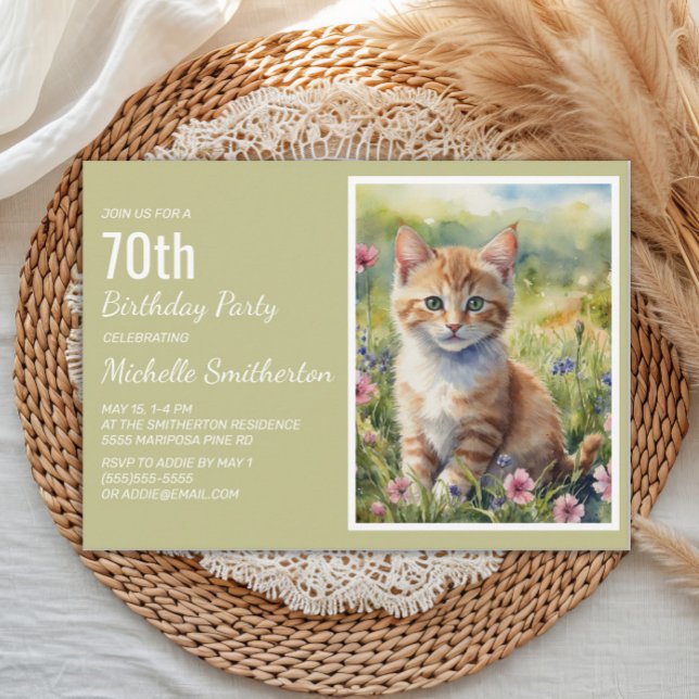 Invitation Jaune Orange Kitten Amoureux des chats 70e anniver (Cat 70th birthday party invitation)