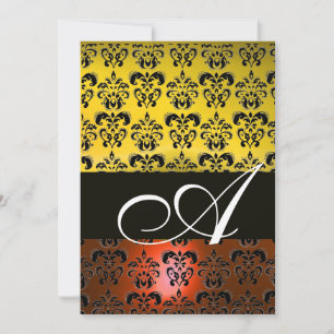 Invitation JAUNE ORANGE NOIR DAMAS MONOGRAMME, blanc éclatant