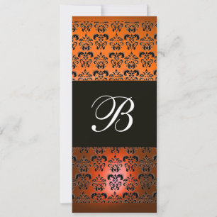 Invitation JAUNE ORANGE NOIR DAMASK MONOGRAM, blanc
