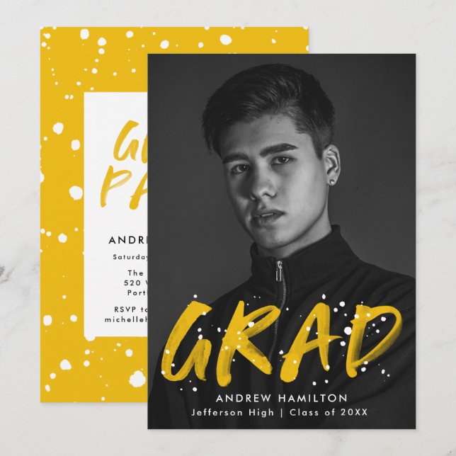 Invitation Jaune Paint Splatter Photo Graduation Party (Devant / Derrière)