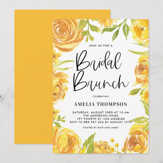 Invitation Jaune Peony et Rose Floral Wreath Bridal Brundal (Devant / Derrière)