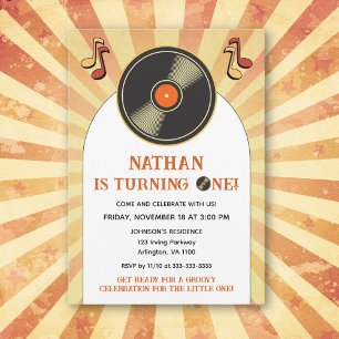 Invitation Jaune Rétro 1er Anniversaire Vinyle Groovy