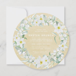 Invitation Jaune rond + Graine Florale Blanche Brunch de Pâqu
