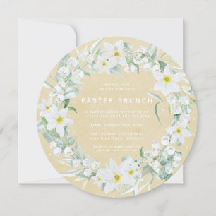 Invitation Jaune rond + Graine Florale Blanche Brunch de Pâqu