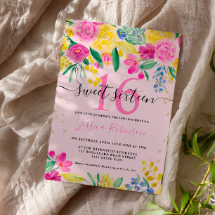 Invitation Jaune rose brillant script or floral Sweet 16