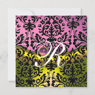 INVITATION JAUNE ROSE LAVANDE NOIR DAMAS MONOGRAMME