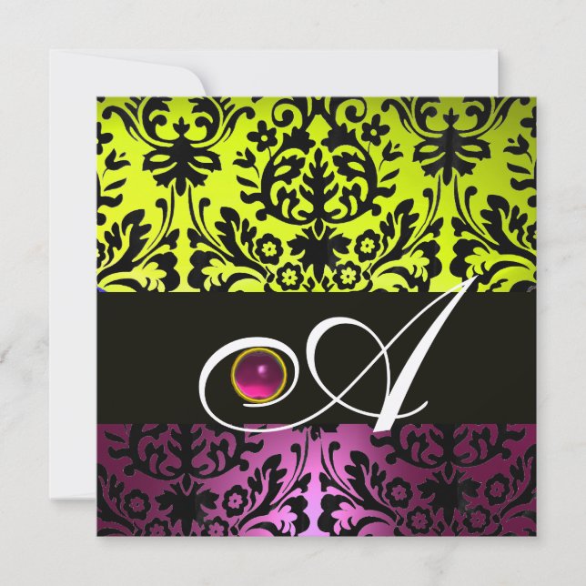 Invitation JAUNE ROSE VIOLET NOIR DAMASQUE MONOGRAMME Améthys (Devant)