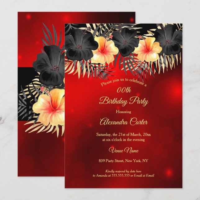 Invitation Jaune rouge noir Hibiscus Tropical Floral Party (Devant / Derrière)
