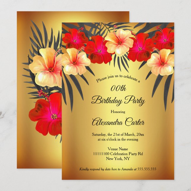 Invitation Jaune rouge Noir Palm Hibiscus fête d'anniversaire (Devant / Derrière)