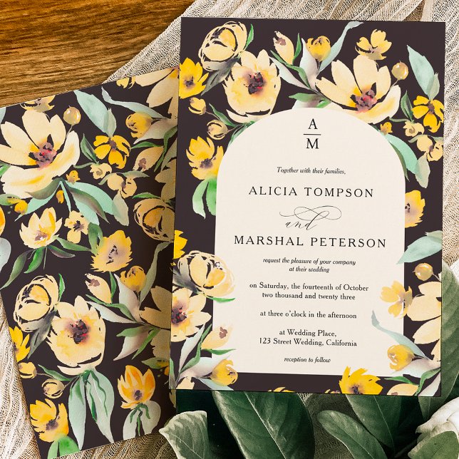 Invitation Jaune rustique Parche fleurie arc chic mariage (Créateur téléchargé)