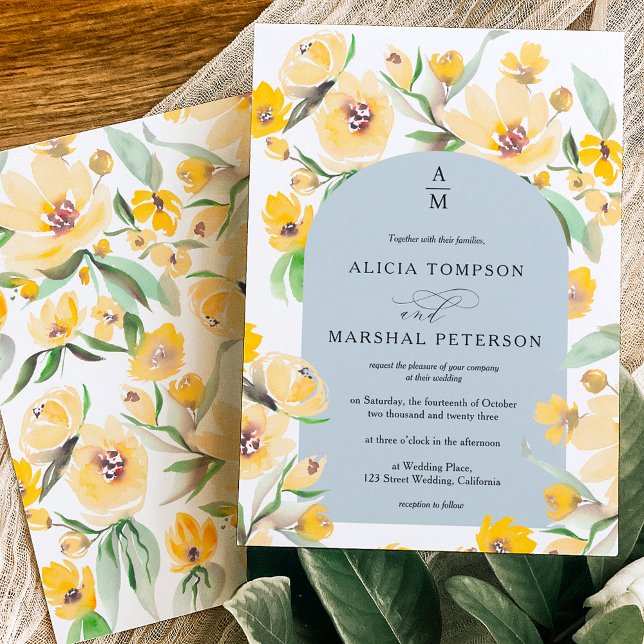 Invitation Jaune rustique Parche fleurie arc chic mariage (Créateur téléchargé)