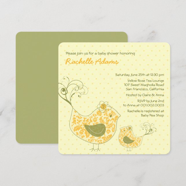 Invitation Jaune Tourbillonnant maman et bébé Baby shower d'o (Devant / Derrière)