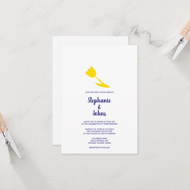 Invitation Jaune Tulip Floral Navy Bleu Blanc Joli Mariage (Devant/Arrière en situation)