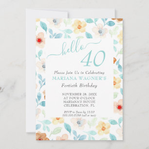 Invitation Jaune Turquoise Floral Élégant Script 40e annivers