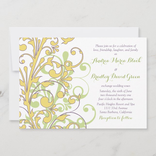 Invitation Jaune vert violet Abstrait Mariage floral (Devant)