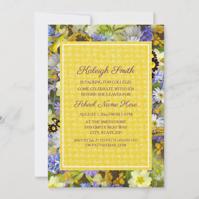 Invitation Jaune Violet Florale College Trunk Party (Devant)