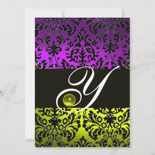 INVITATION JAUNE VIOLET NOIR DAMAS MONOGRAMME TOPAZE