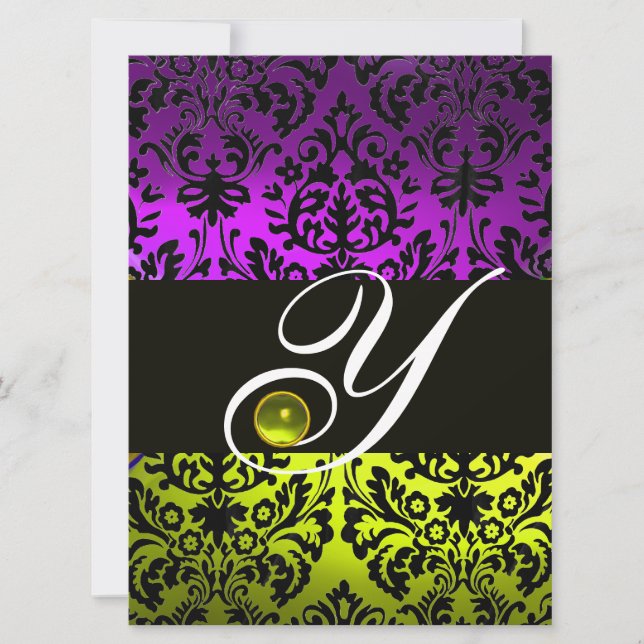 INVITATION JAUNE VIOLET NOIR DAMASSÉ MONOGRAMME TOPAZE (Devant)