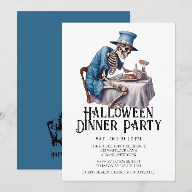 Invitation Jaunty Skeleton Dîner d'Halloween (Devant / Derrière)