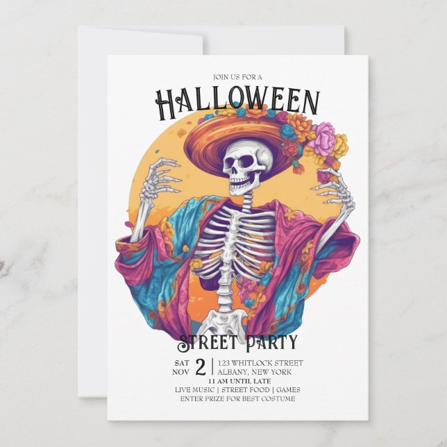 Invitation Jaunty Skeleton Flamboyant Dance Halloween Party (Devant)