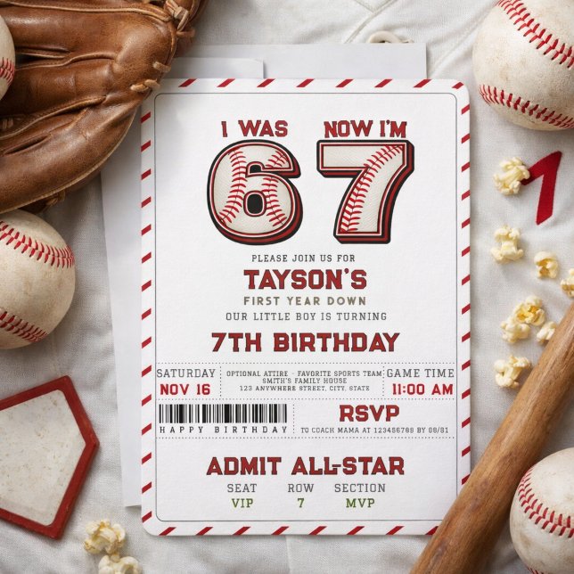 Invitation J'avais 6 ans, maintenant j'ai 7 ans – Baseball 7e (I Was 6, Now I’m 7 – Baseball 7th Birthday Invitation
)