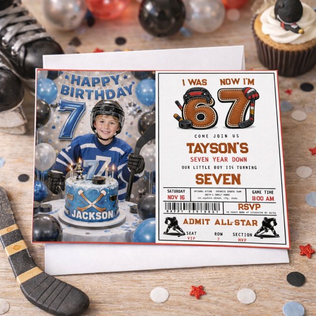 Invitation J'avais 6 ans, maintenant j'ai 7 ans – Fête d'anni (I Was 6, Now I’m 7 – Hockey 7th Birthday Party Invitation
)