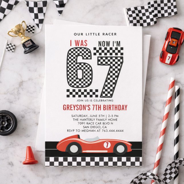Invitation J'avais 6 ans maintenant j'ai 7 ans garçon de voit (I Was 6 Now I'm 7 Race Car Boy 7th Birthday Party Invitation
)