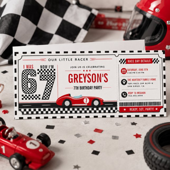 Invitation J'avais 6 ans maintenant j'ai 7 ans garçon de voit (I Was 6 Now I’m 7 Race Car Boy 7th Birthday Ticket Invitation
)