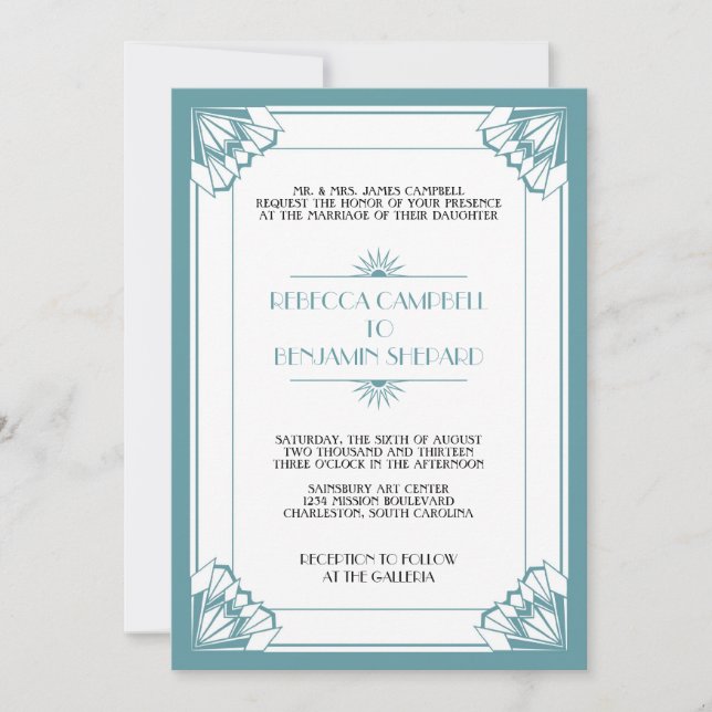 Invitation Jazz age bleu géométrique mariage art déco (Devant)