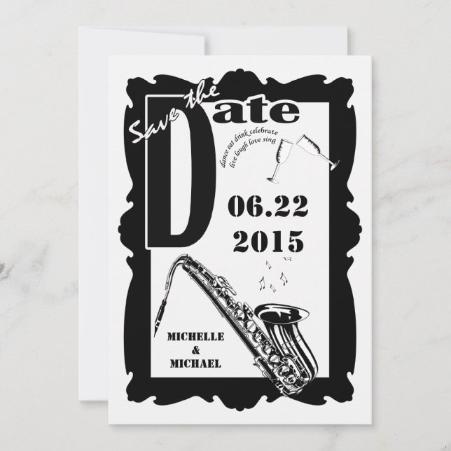 Invitation Jazz de style rétro Enregistrer la date Noir Blanc (Devant)