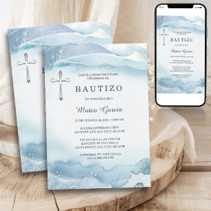 Invitation Je baptise Niño Azul Cruz