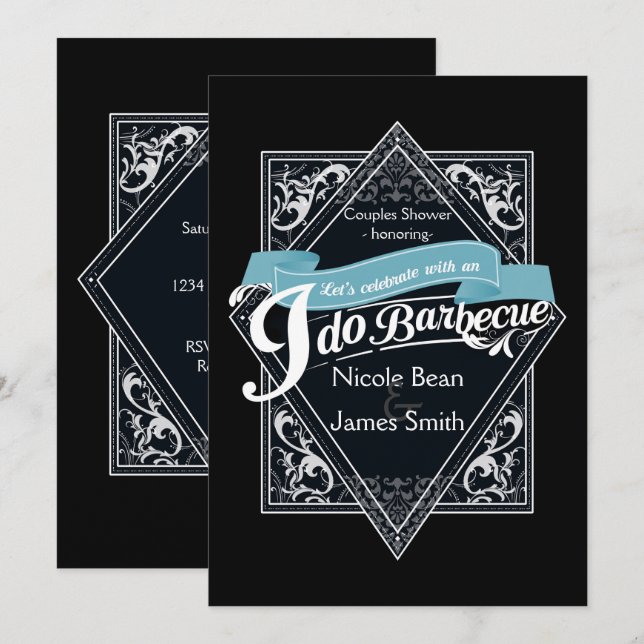 Invitation JE FAIS BARBECUE BBQ Élégant Fiançailles noir et b (Devant / Derrière)