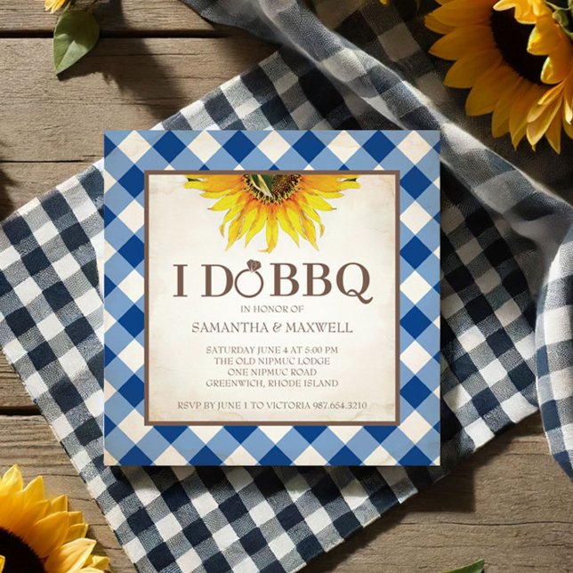 Invitation Je fais BBQ Couples Douche (bbq bridal shower invitations features yellow sunflower and blue gingham print.)