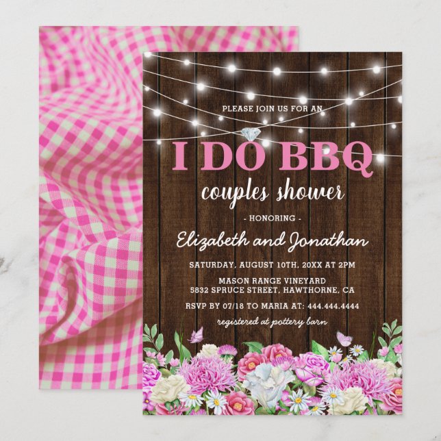 Invitation Je fais BBQ Couples Douche | Floral rose rustique (Devant / Derrière)