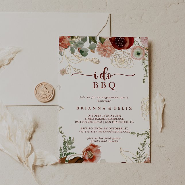 Invitation Je fais BBQ Gold Rustic Floral Engagement Party (Créateur téléchargé)