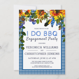Invitation Je FAIS BBQ Rustique Floral Bleu Plaid Engagement 