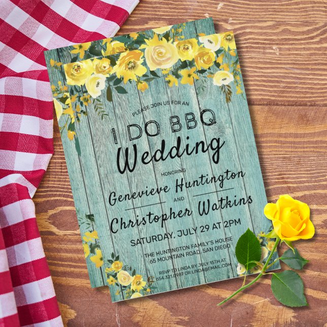 Invitation Je fais du barbecue | Bois rustique & Mariage Flor (I DO BBQ Rustic Blue Barnwood Yellow Rose Wedding Invitation)