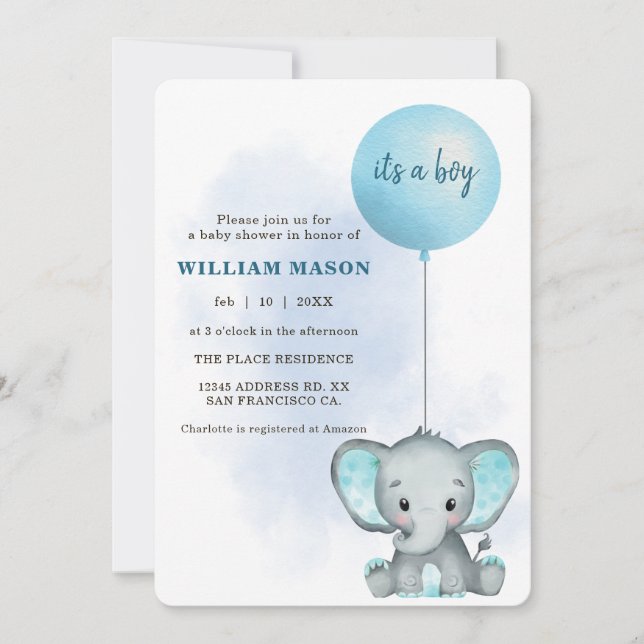 Invitation Je suis un bébé Baby shower bleu éléphant bébé (Devant)