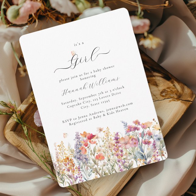 Invitation Je suis une fille ! Moderne, Fleur sauvage, Baby s (Créateur téléchargé)
