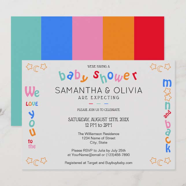 Invitation Je t'aime à la lune & retour Baby shower LGBTQ+ I (Devant / Derrière)