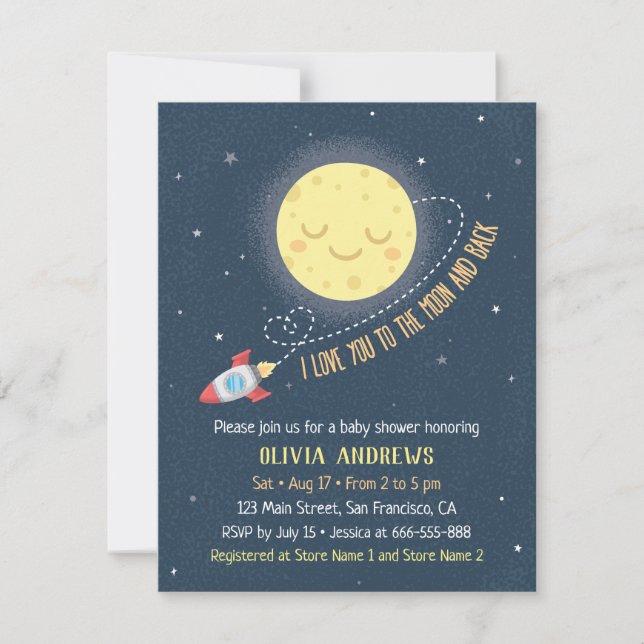 Invitation Je t'aime sur la Lune et le Baby shower arrière (Devant)