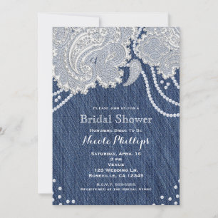 Invitation Jean en Denim Perles Blanches Fleurs de Paisley en