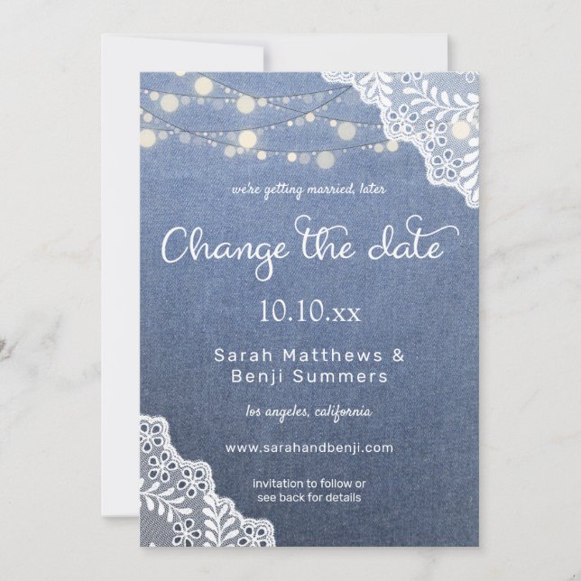 Invitation Jean Lace & String Lights Mariage Modifier la date (Devant)