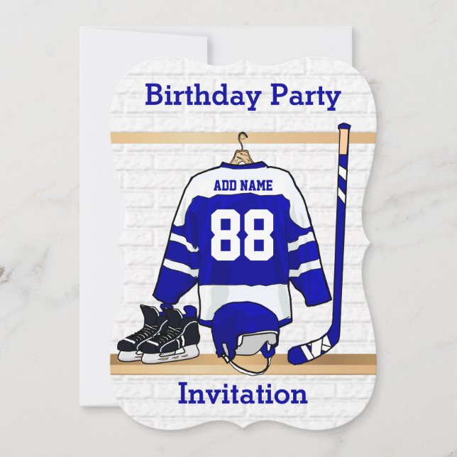 Invitation Jersey d'anniversaire de hockey sur glace bleu et  (Devant)
