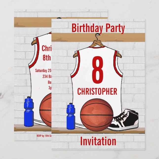 Invitation Jersey de basket-ball blanc et rouge personnalisé (Devant / Derrière)