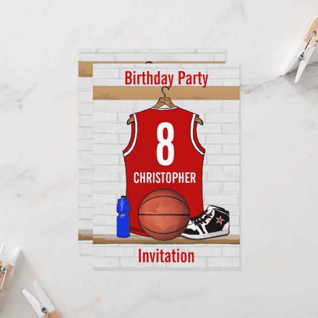 Invitation Jersey de basketball rouge et blanc (Devant/Arrière en situation)
