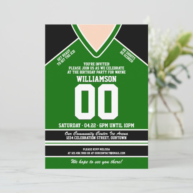 Invitation Jersey de hockey noir/vert fête d'anniversaire (Debout devant)