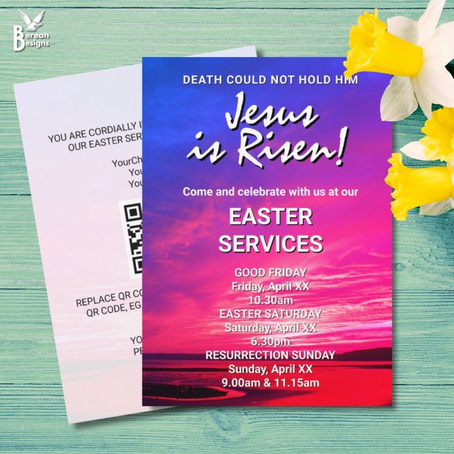 Invitation JESUS IS RISEN Custom Easter CHURCH SERVICES (Vibrant JESUS IS RISEN invitation for Easter Church Services. All text is customizable. )