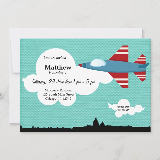 Invitation Jet Plane thème d'anniversaire (bleu) (Devant)