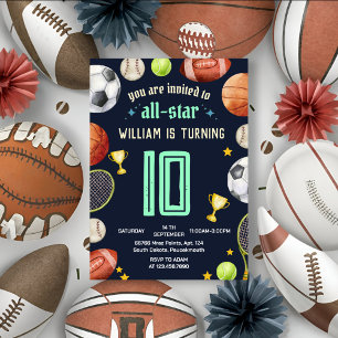 Invitation jeu bleu enfants garçons Sports 10e anniversaire